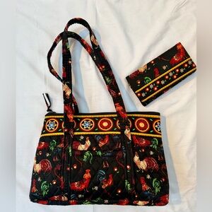 Colorful Chicken & Rooster Patterned Tote Bag and Wallet Set